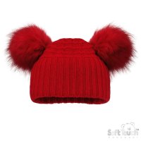 H670-R: Red Checked Hat w/Pom Poms (0-12m)
